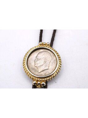 1972 Liberty Silver Half Dollar Coin Bolo Tie Gold Trim Braided Leather Cord Vtg